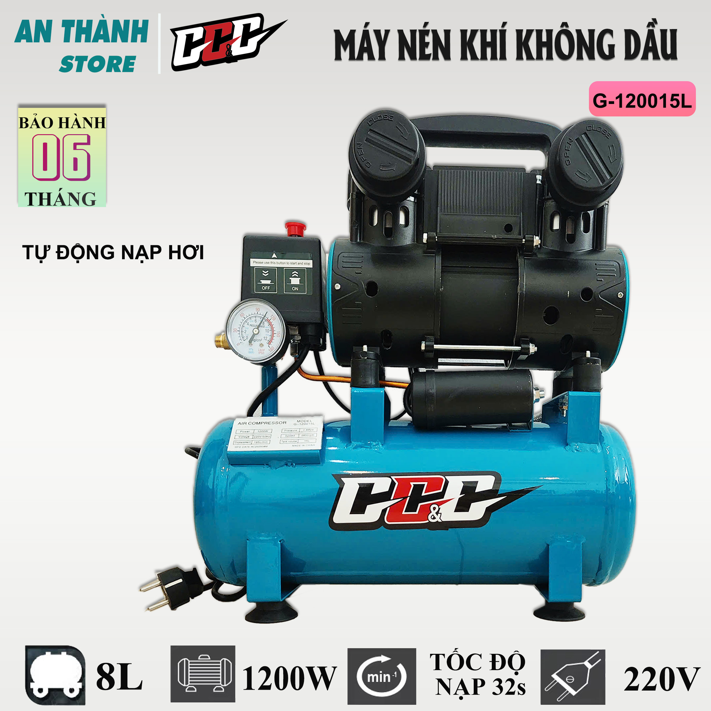Máy nén khí không dầu G-120015L chính hãng GGG- công suất 1200W, bình 8L, tự động nạp hơi 32s bơm hơi, xì khô, phun sơn. Bảo hành 6 tháng