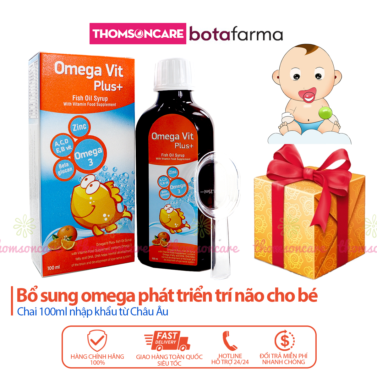 Bổ sung Omega 3 DHA EPA - Omega Vit Plus từ dầu cá khoáng chất vitamin thiết yếu cho trẻ - Chai 100ml