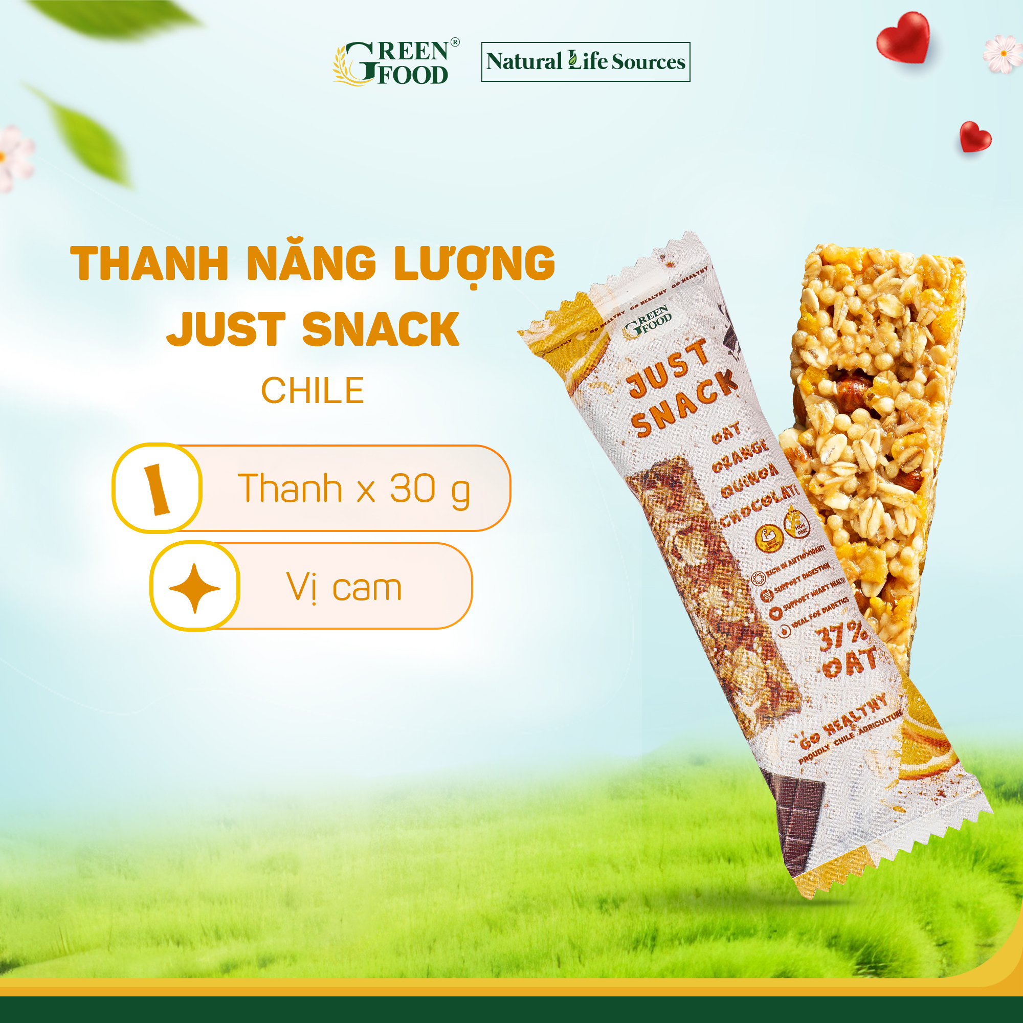 Thanh Năng Lượng Ngũ Cốc Yến Mạch Just Snack Vị Cam 30g, nhập khẩu trực tiếp từ Chile, bữa sáng tiện lợi, đầy đủ dinh dưỡng.