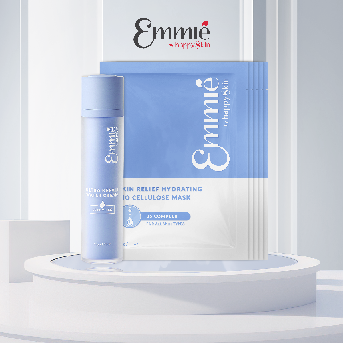 Bộ đôi phục hồi dành cho da nhạy cảm: Kem dưỡng phục hồi b5 Complex + 5 mặt nạ sinh học phục hồi Emmié By HappySkin