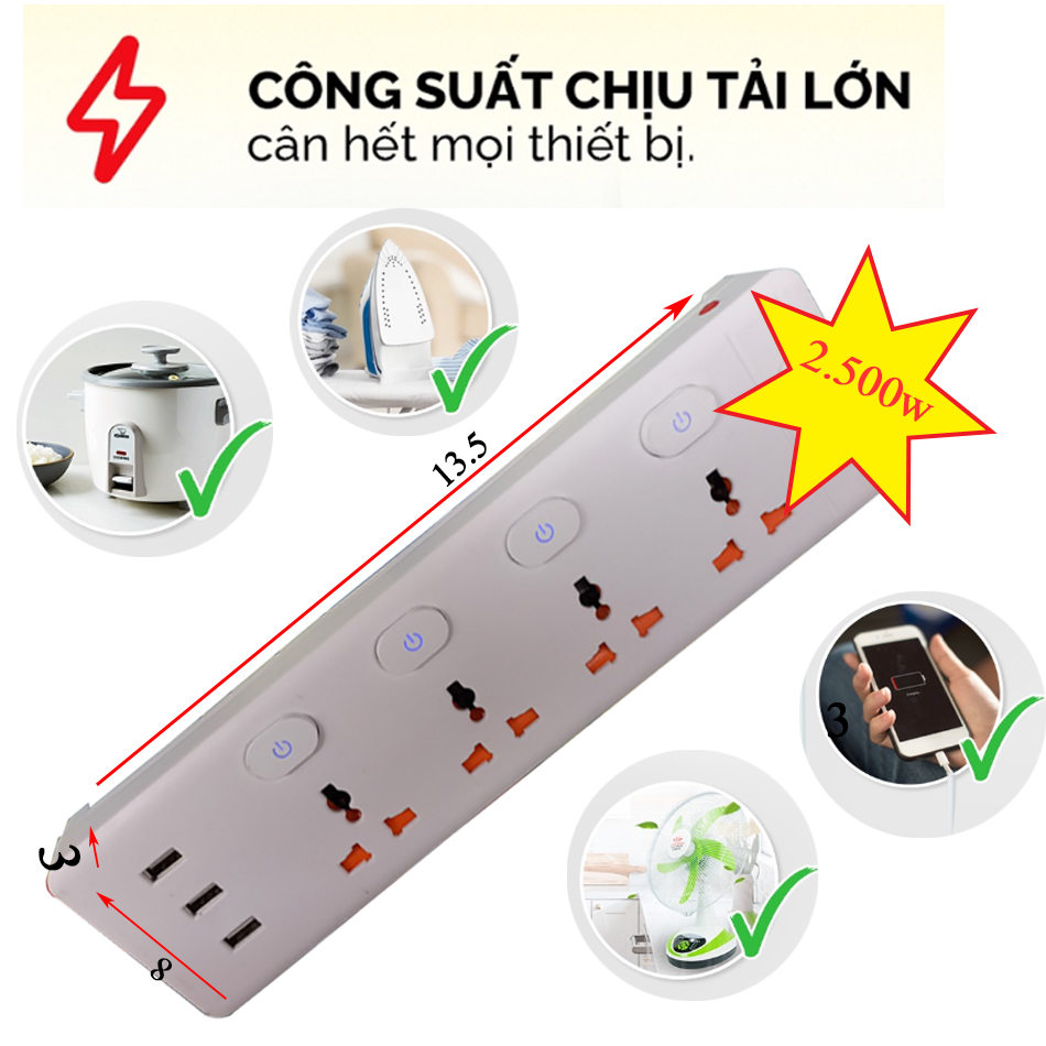 Ổ cắm 4 điện đa năng Có USB Cao Cấp, Màng Che Chống Dật, Công Tắc ON/OFF Từng Ổ, Dây 3m/5m - an toàn chống quá tải