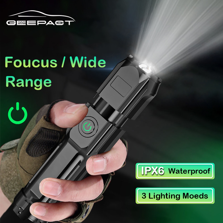 Geepact Powerful Flashlight Bright Led Flashlight Outdoor Focusing Torchlight Portable Home Emergency Lamp Built-in Battery USB Rechargeable Torchlight Zoom-able focus Light T6 Penlight Waterproof Torch Light