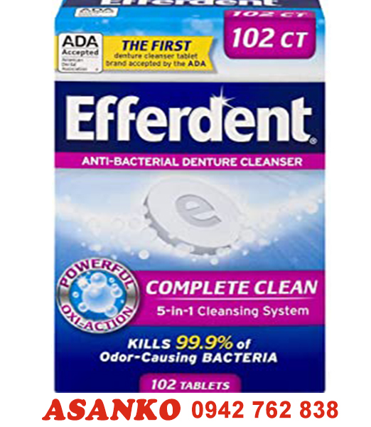 [USA Date 2025] Viên sủi ngâm răng hàm giả 102 viên. Efferdent Complete Clean Anti-Bacterial Denture Cleanser 102 Tablets