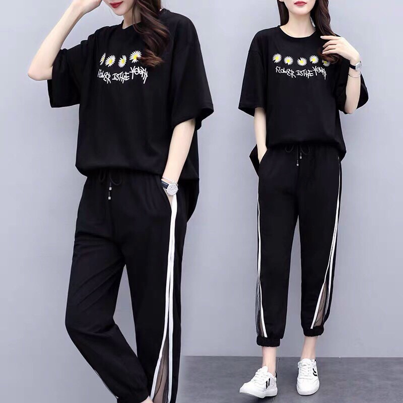 SET ĐỒ BỘ NỮ ÁO THUN TAY LỠ CỔ TRÒN IN HOA CÚC NHỎ, QUẦN JOGGER, THÍCH HỢP MẶC ĐI CHƠI, ĐI HỌC, CHẤT VẢI SIÊU ĐẸP