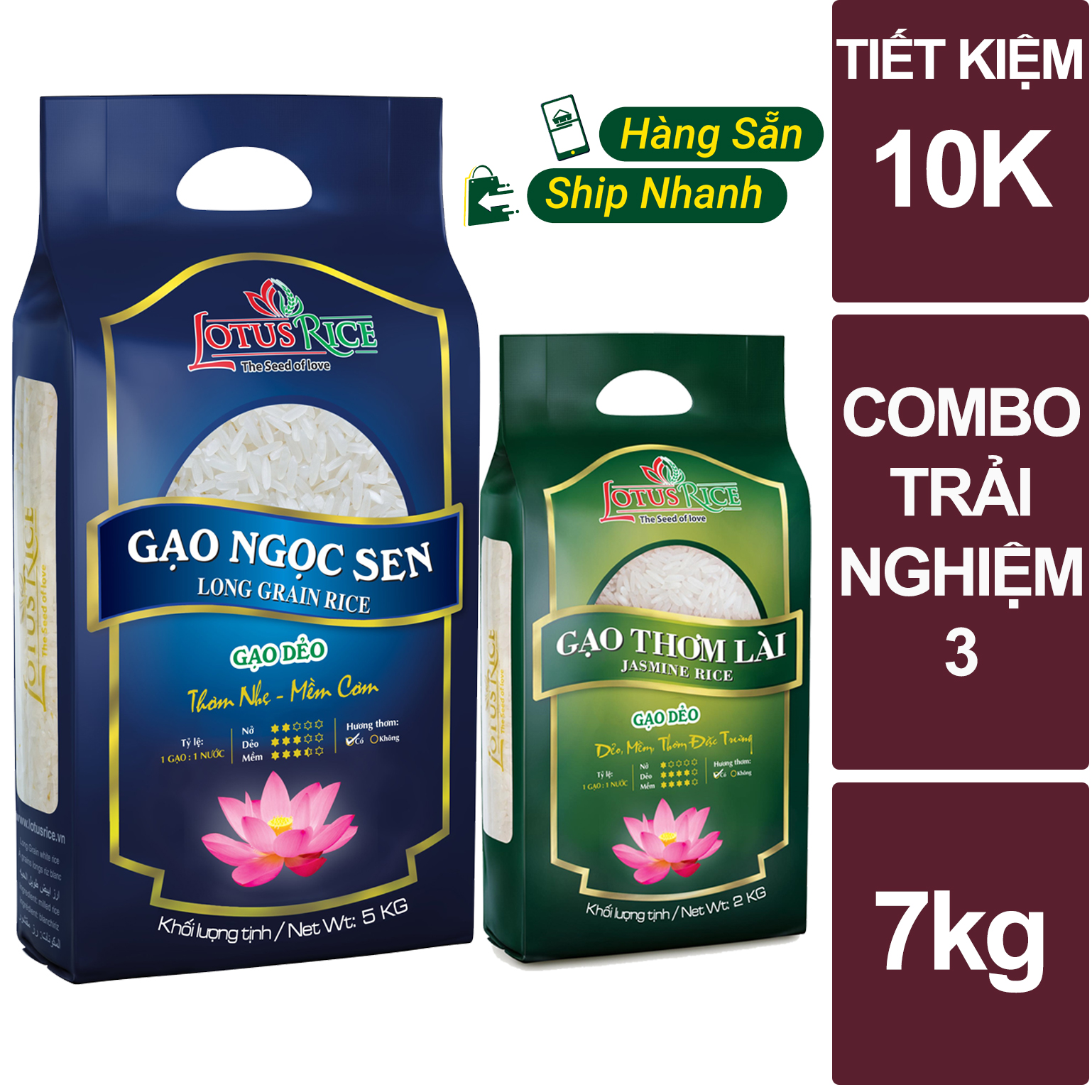 Combo trải nghiệm 3 (5kg gạo ngọc sen + 2kg gạo thơm lài = tổng 7kg)