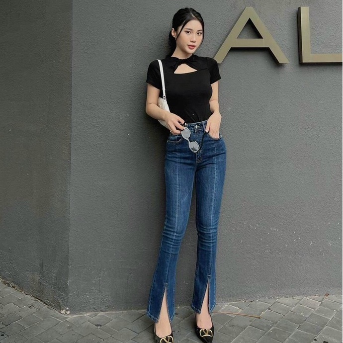 Quần jeans nữ ống Loe đậm xẻ gấu cạp cao, quần bò xẻ gấu co giãn