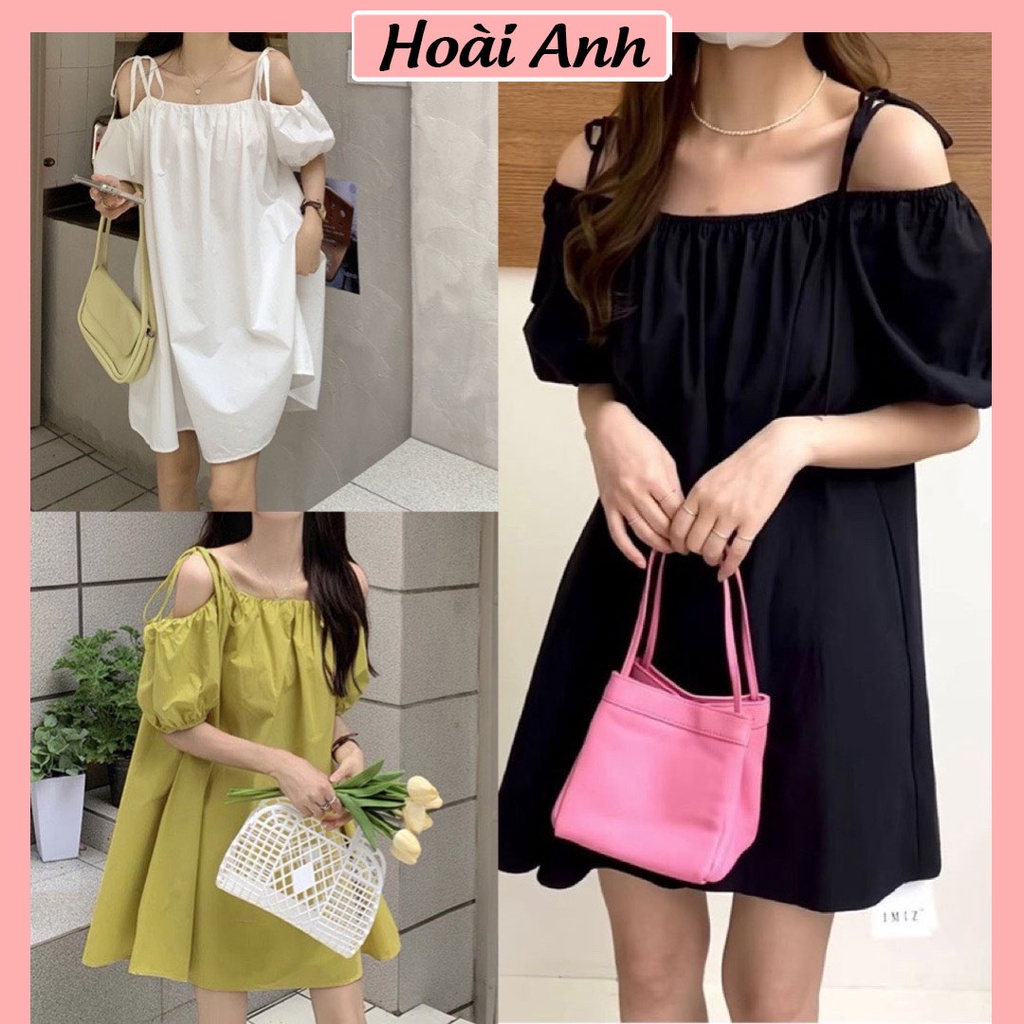Váy suông tay bồng trễ vai buộc dây nơ đầm nữ trễ vai thắt nơ tay phồng vải lụa freesize