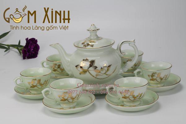 Bộ ấm trà Bát Tràng Phú Quý men xanh ngọc sen vàng kim