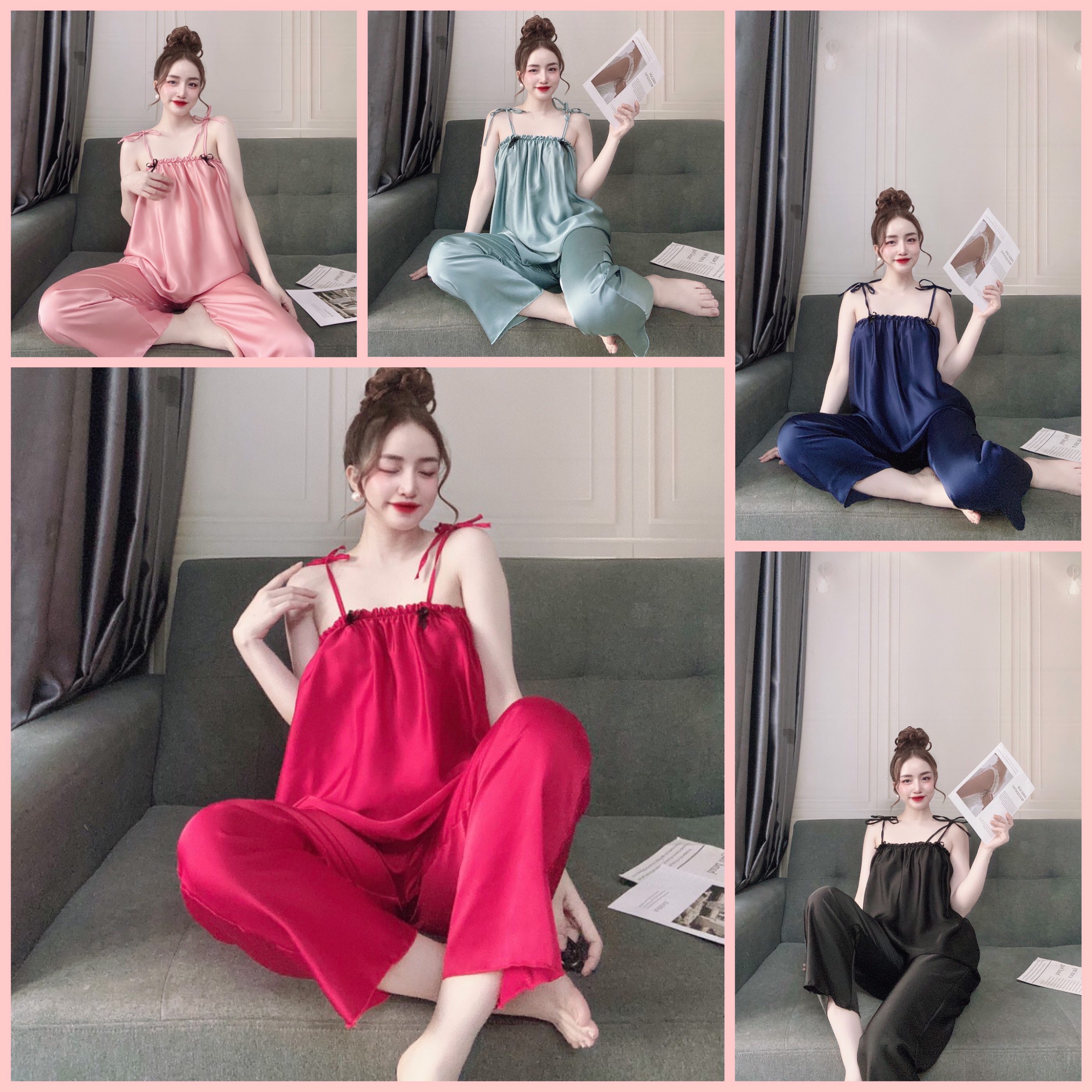 Đồ ngủ 2 dây cột nơ quần dài dễ thương siêu nhà