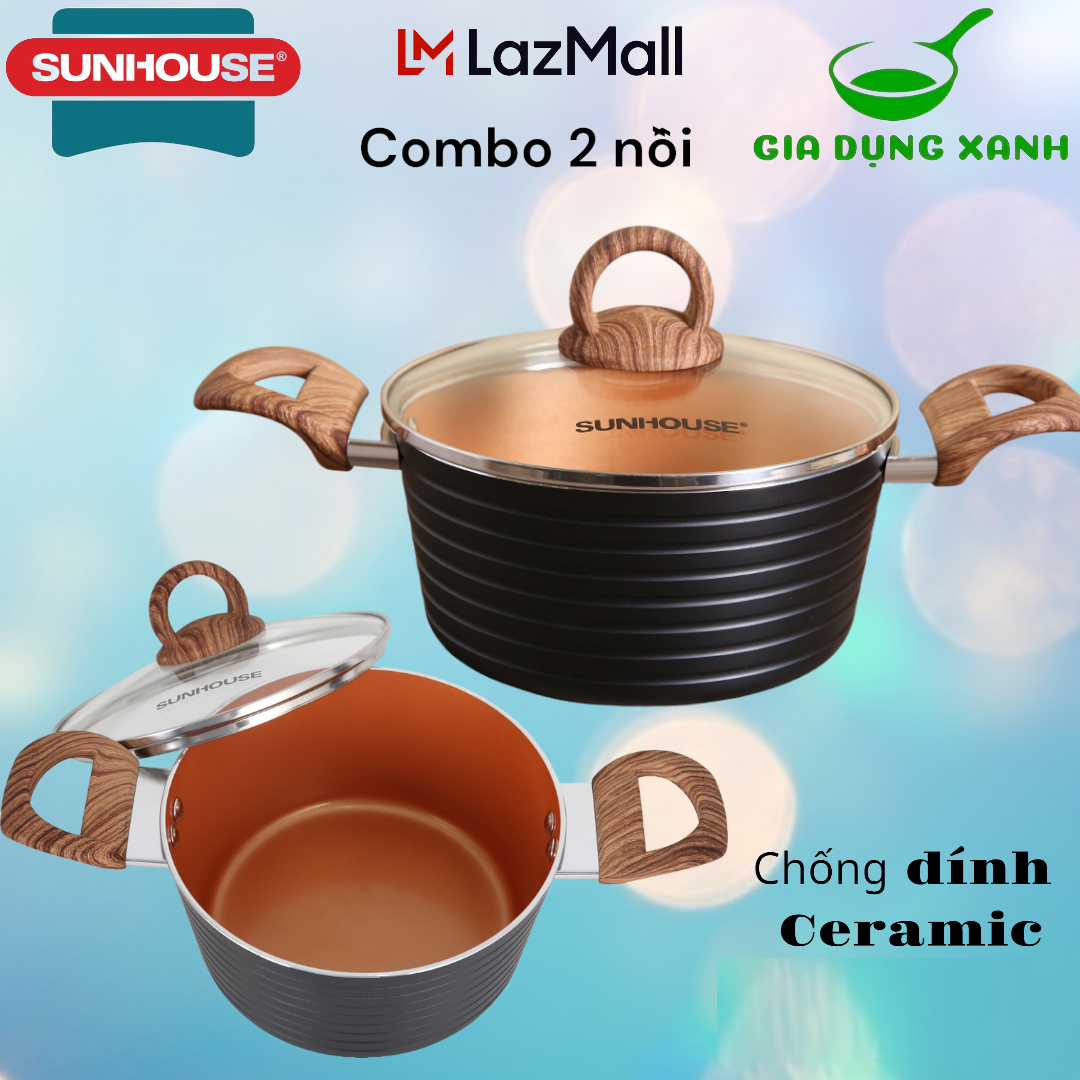 Bộ 2 Nồi Ceramic Đáy Từ SUNHOUSE (Dùng Trên Mọi Loại Bếp)