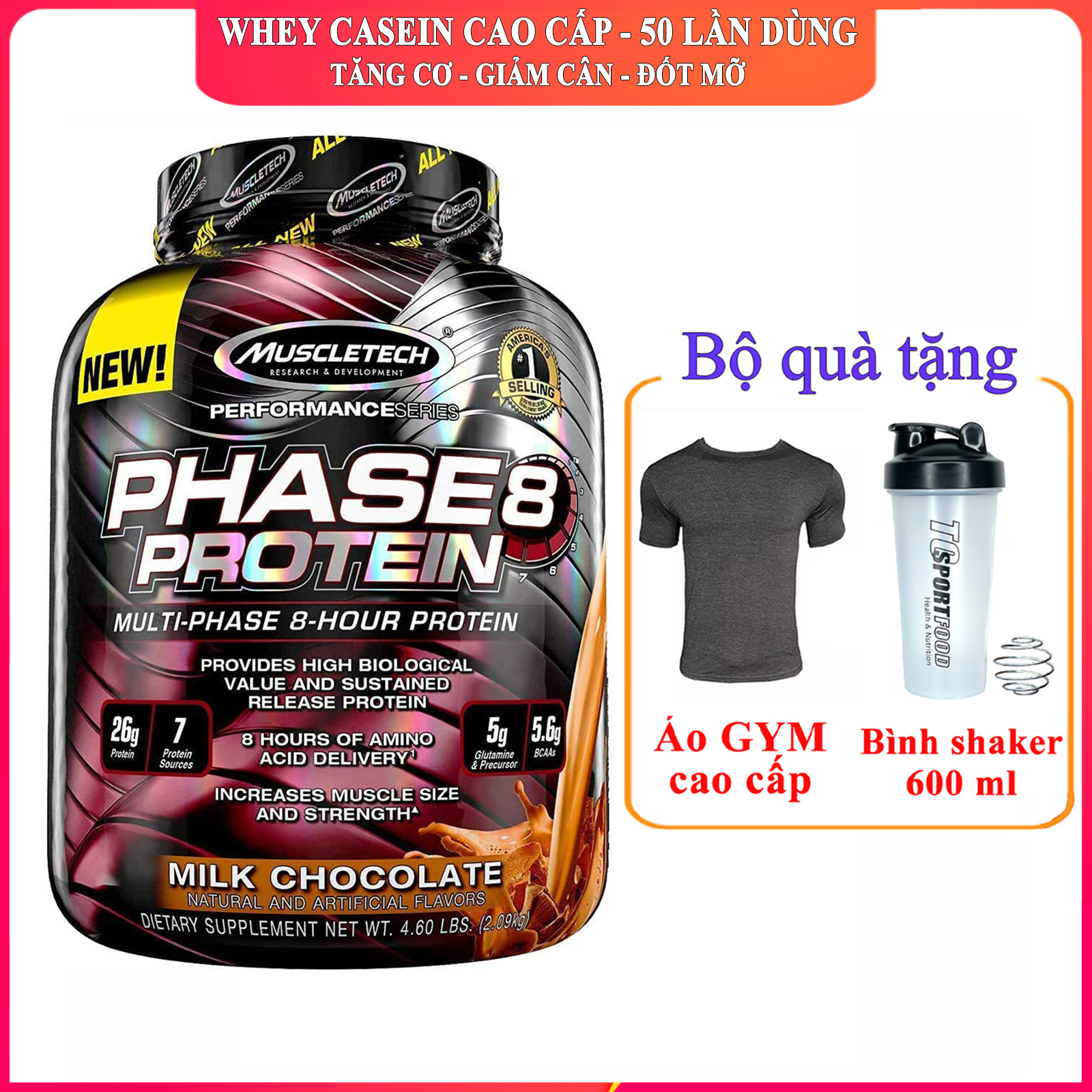 [TẶNG BÌNH VÀ ÁO] Sữa tăng cơ Phase 8 của Muscle Tech hương Chocolate hộp 50 lần dùng hỗ trợ tăng cơ giảm cân đốt mỡ tăng sức bền sức mạnh cho người tập Gym và chơi thể thao