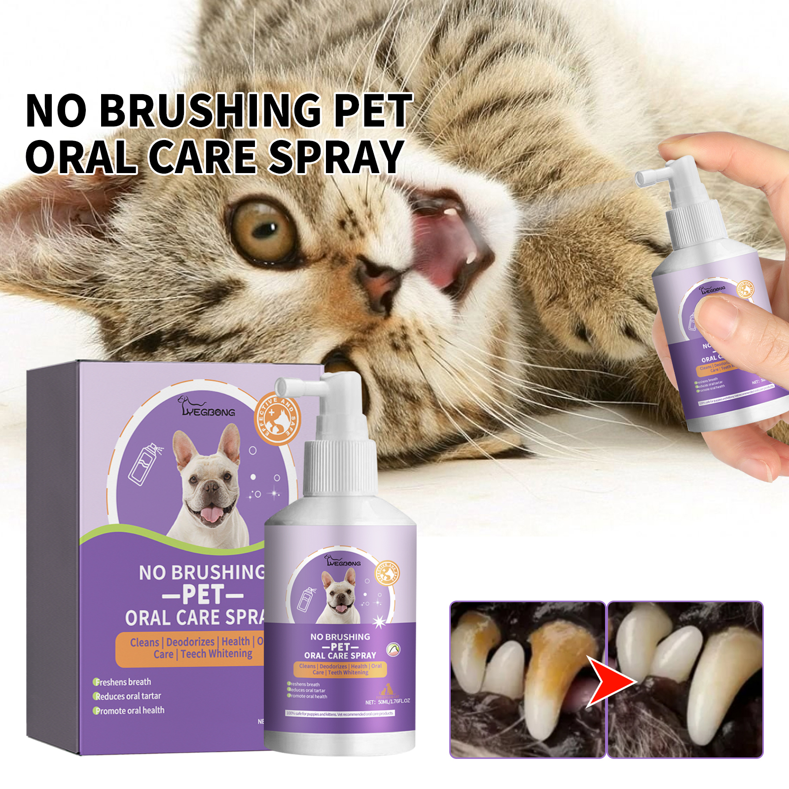 Xịt vệ sinh răng miệng cho thú cưng, thích hợp cho chó và mèo, làm sạch răng, khử mùi, ngăn ngừa mảng bám, loại bỏ hơi thở hôi ở mèo con, đồ dùng cho thú cưng.