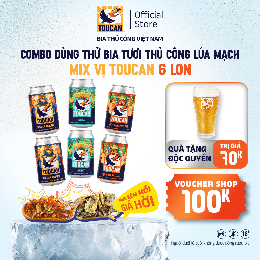 Combo Mix 3 Vị Kèm Mồi Tự Chọn - Bia Thủ Công Toucan Thùng 6 Lon 330ml