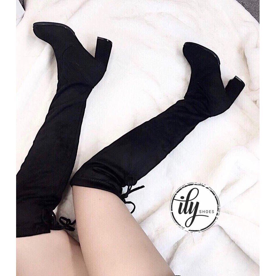 Bốt đùi chất da lộn lót nỉ lông bên trong gót cao 7cm tôn dáng