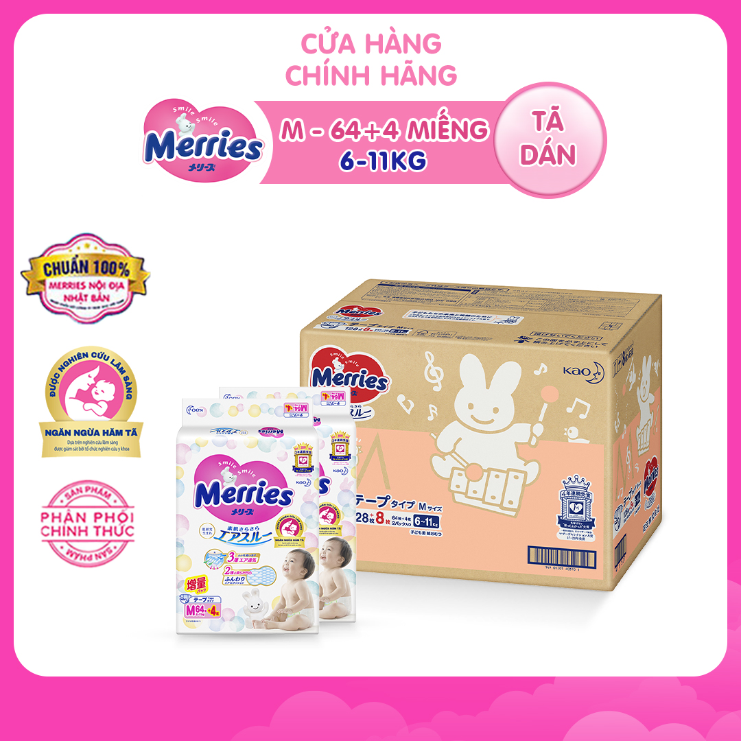 [FREESHIP 60K + GIẢM TỚI 49%] Thùng 2 Tã dán Merries cộng miếng size M68