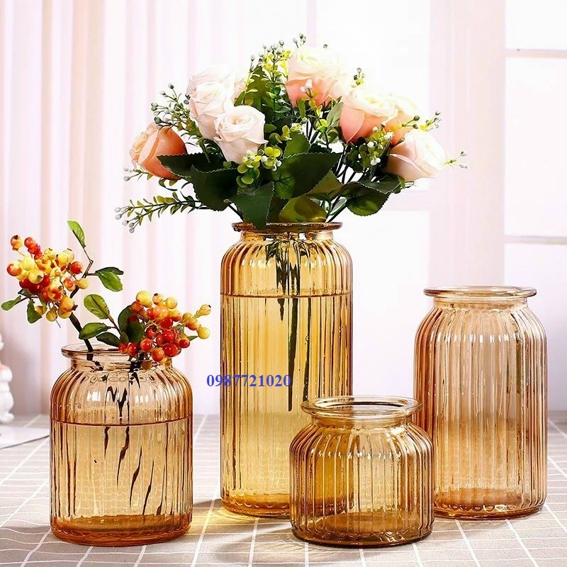 Lọ hoa thủy tinh màu hổ phách - bình hoa phong cách vintage Happyshop888
