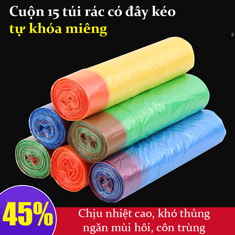 [Cuộn 15 Túi] Túi rác sinh học, chịu nhiệt, khó thủng có dây khóa miệng túi