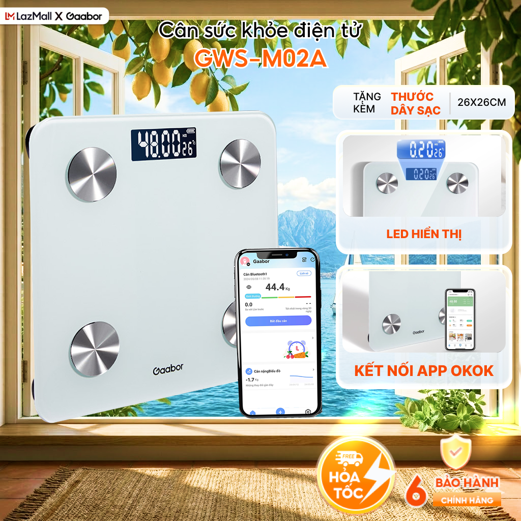Cân điện tử thông minh Gaabor GWS-M02A cân sức khỏe kết nối bluetooth phân tích 20 chỉ số cơ thể lượng chất khoa học - App tiếng Việt OKOK - Bảo hành 1 đổi 1