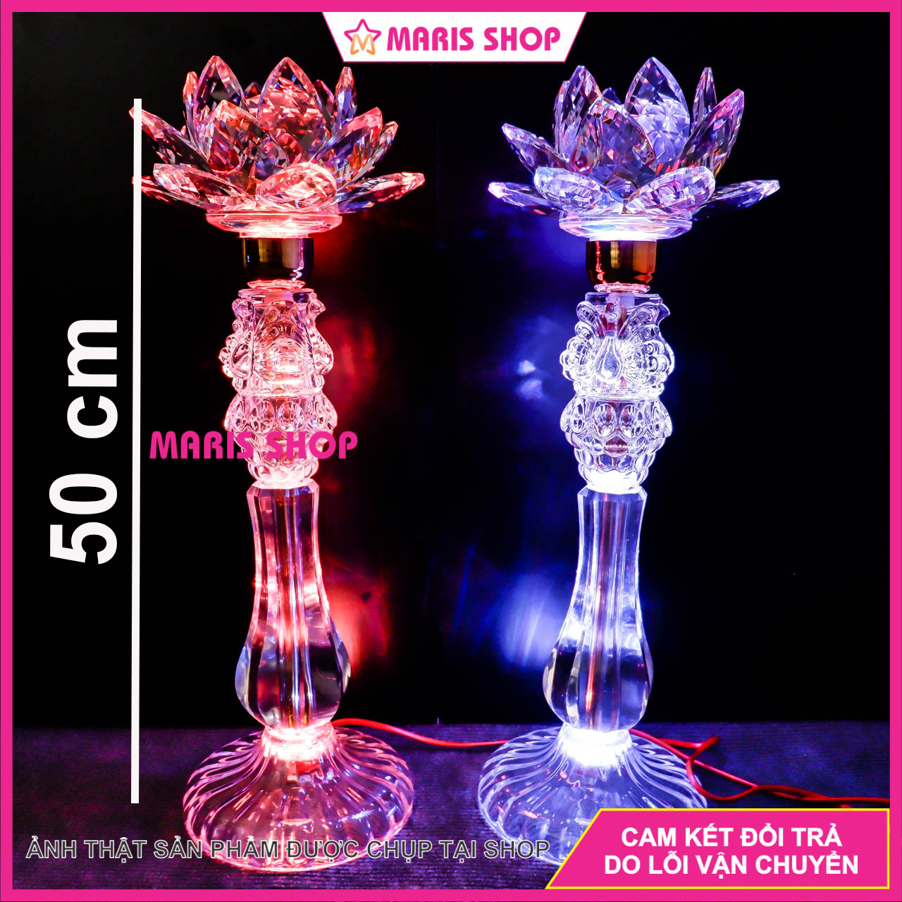 Bộ 2 đèn hoa sen pha lê để bàn thờ phật đèn hoa sen đèn thờ cúng cao 50cm
