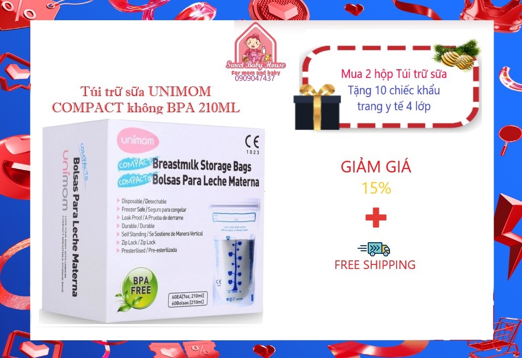 Hộp 10 và hộp 60 túi trữ sữa UNIMOM COMPACT Hàn Quốc không BPA 210ML