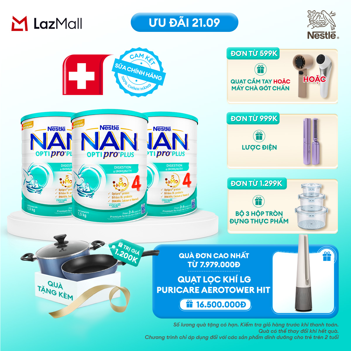 [CHỈ 21.09 QT ĐƠN 599K/999K/1299K] [Tặng Set Nồi Chảo Elmich] Bộ 3 lon Sữa Bột Nestlé NAN OPTIPRO PLUS 4 1500g Cho Bé 2 - 6 Tuổi: Công Thức Độc Quyền Nhập Khẩu Từ Thụy Sỹ, Chứa Phức Hợp 5-HMO