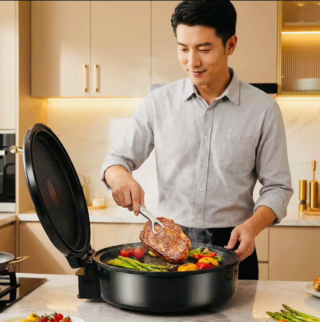 CHẢO NƯỚNG ĐIỆN, CHIÊN, XÀO 2 MẶT CHỐNG DÍNH ĐA NĂNG, VỚI CHIỀU SÂU 5CM, CÓ THỂ MỞ 180 ĐỘ