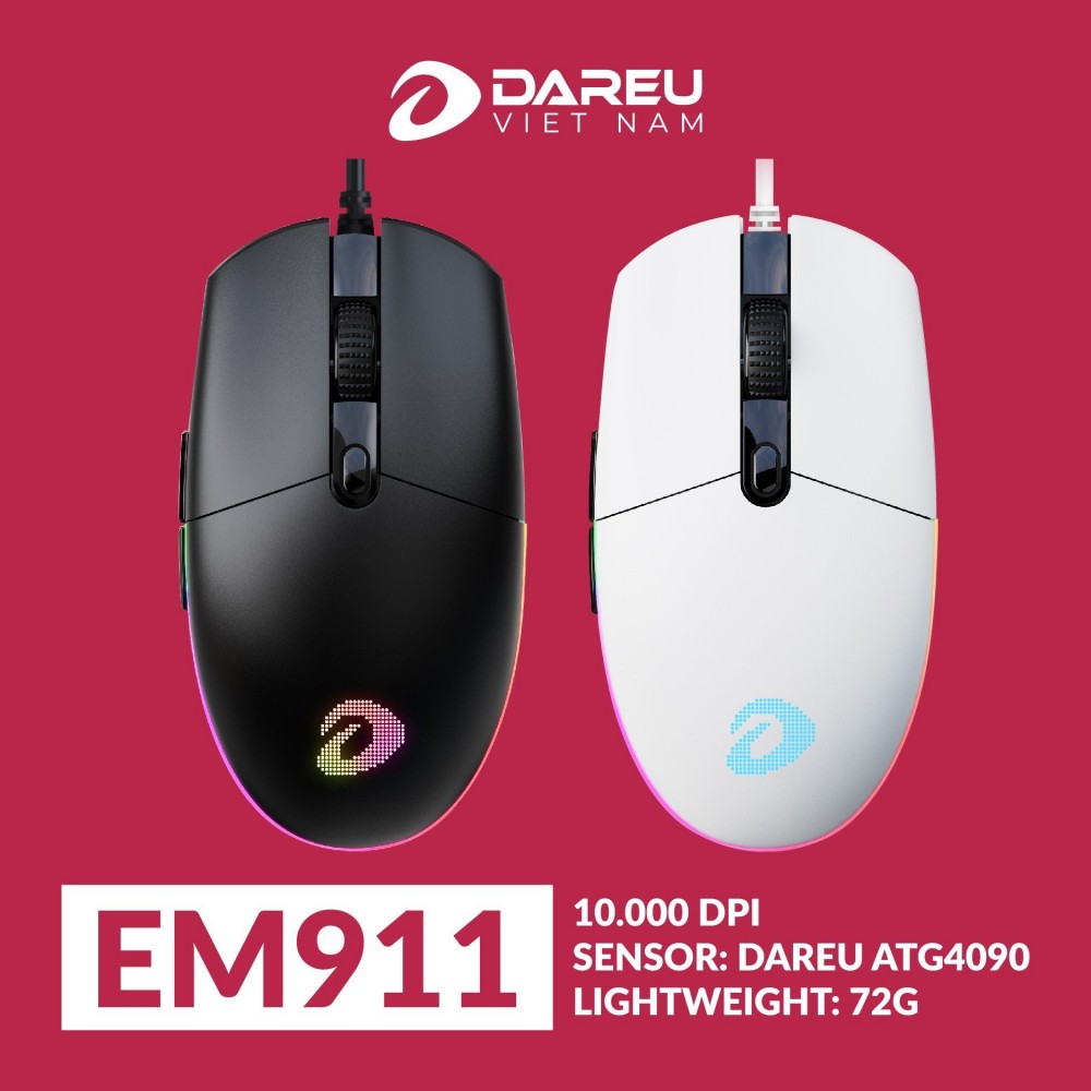 Chuột Gaming DAREU EM911 Black / White (RGB, DareU BRAVO sensor: 10.000 DPI, Lightweight: 72g) - Bảo hành 24 tháng