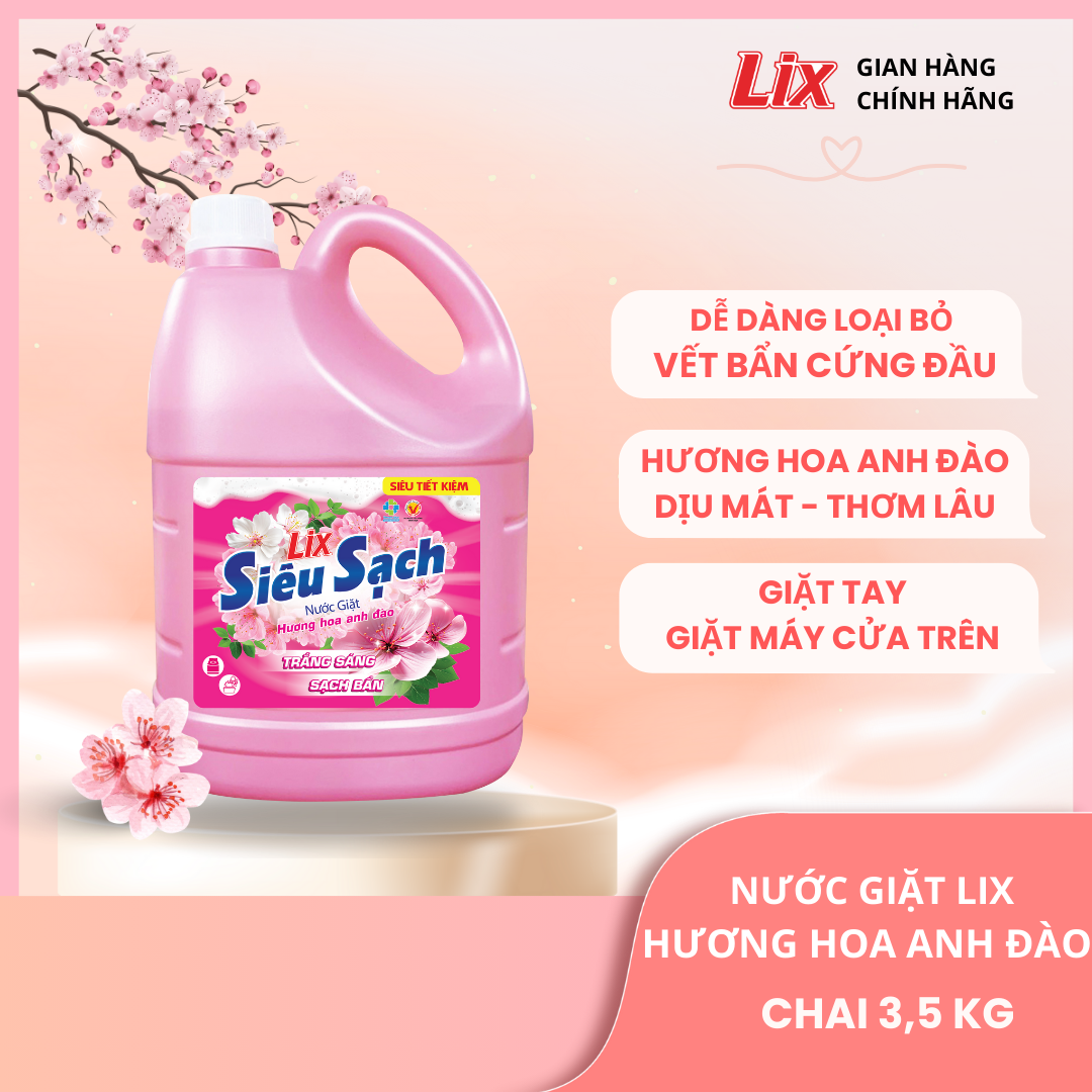  Nước giặt Lix siêu sạch hương hoa anh đào 3.3Kg N2505 sạch khử khuẩn kết hợp giặt xả 2 trong 1 - Lixco Việt Nam 