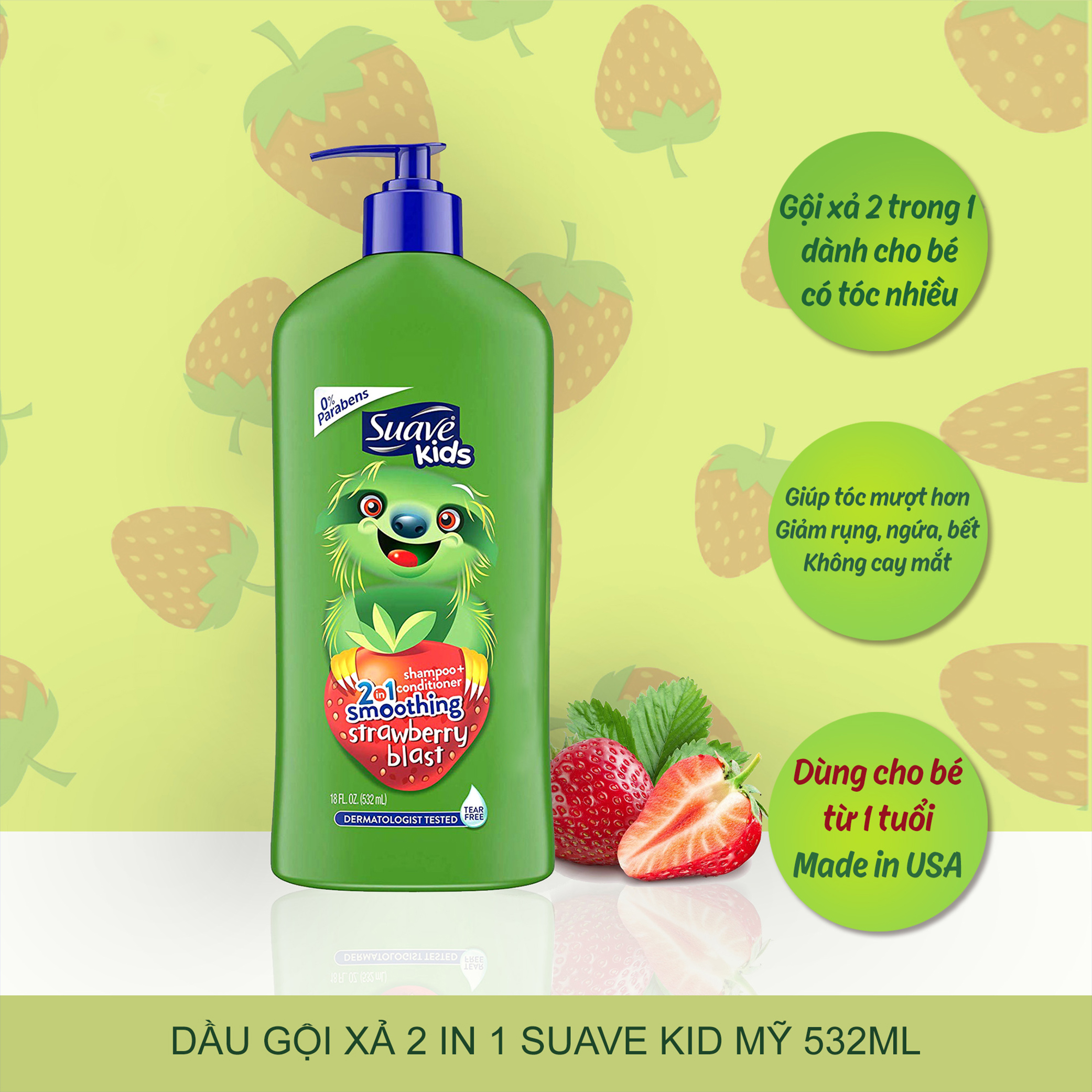 [HCM]Dầu Gội Xả Suave Kid Cho Bé 2 in 1 Strawberry Mẫu Mới Có Vòi Mỹ - 532ml