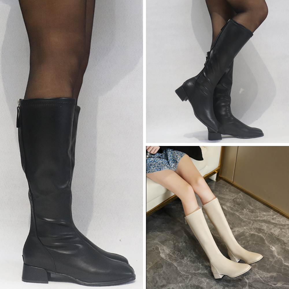 Giày boot nữ cổ cao DƯỚI GỐI chất da PU mềm ĐẾ THẤP màu kem