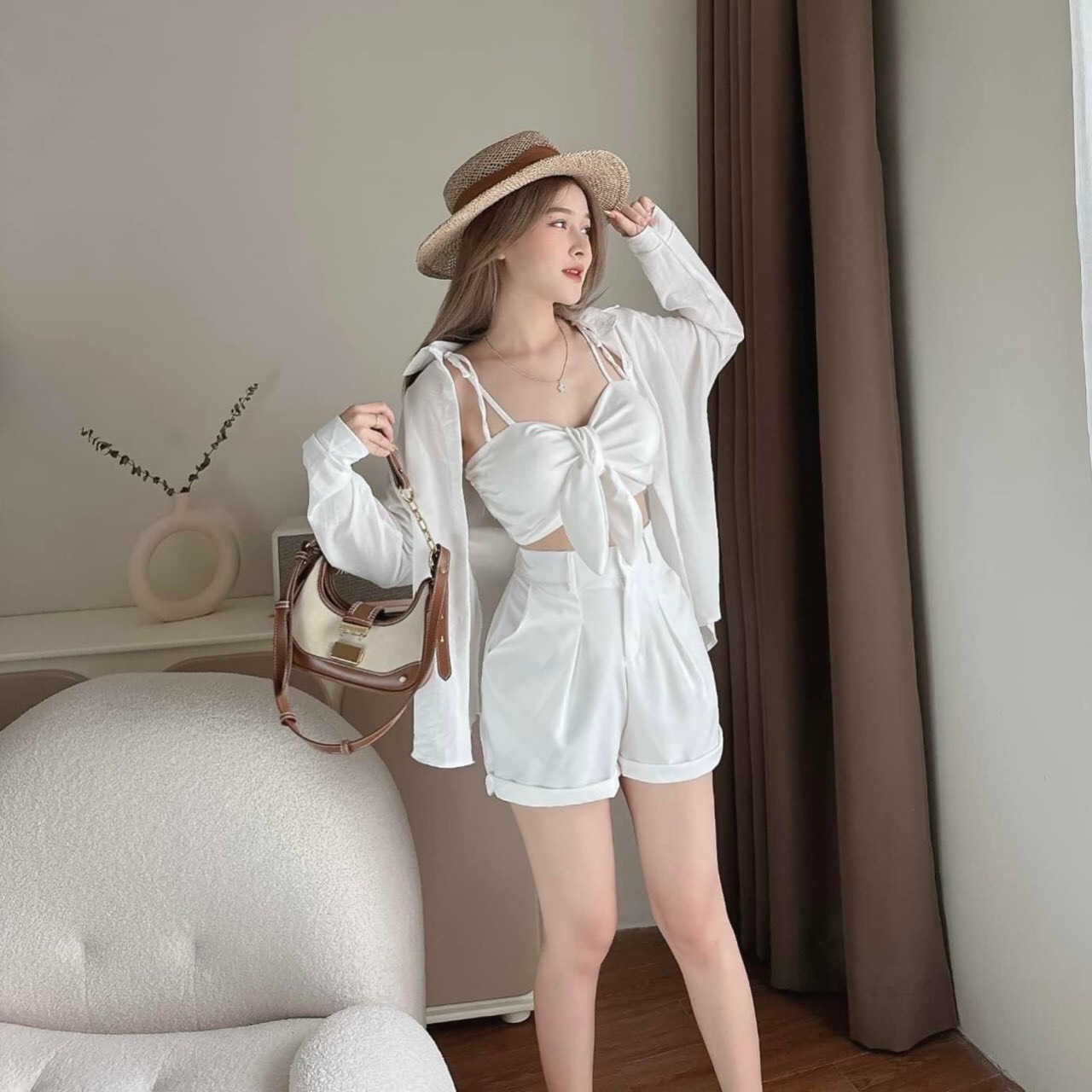 Sét bộ đồ nữ 3 món áo trong cột nơ cực ky đẹp