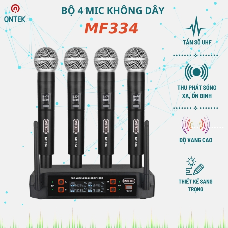 Bộ micro karaoke ontekco mf334 đầu thu 2 anten 4 micro sóng uhf chống hú - lọc âm tốt, hàng chính hãng