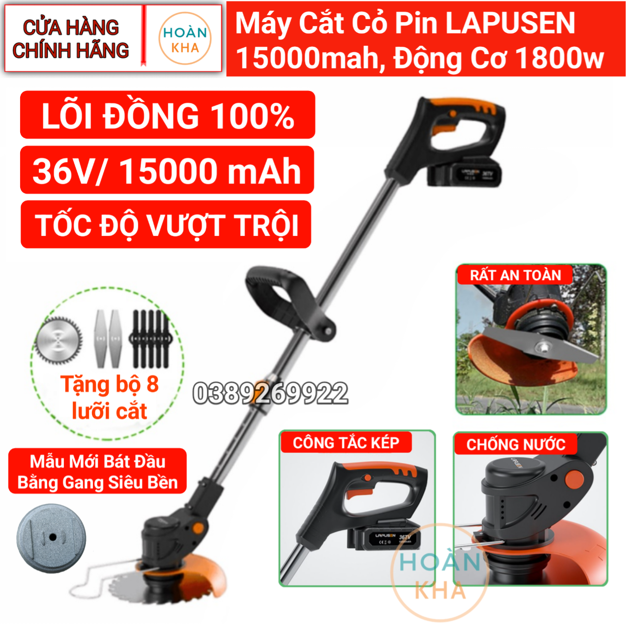Máy cắt cỏ dùng pin LAPUSEN pin khủng 15000mah, động cơ mạnh 1800w, hàng chính hãng
