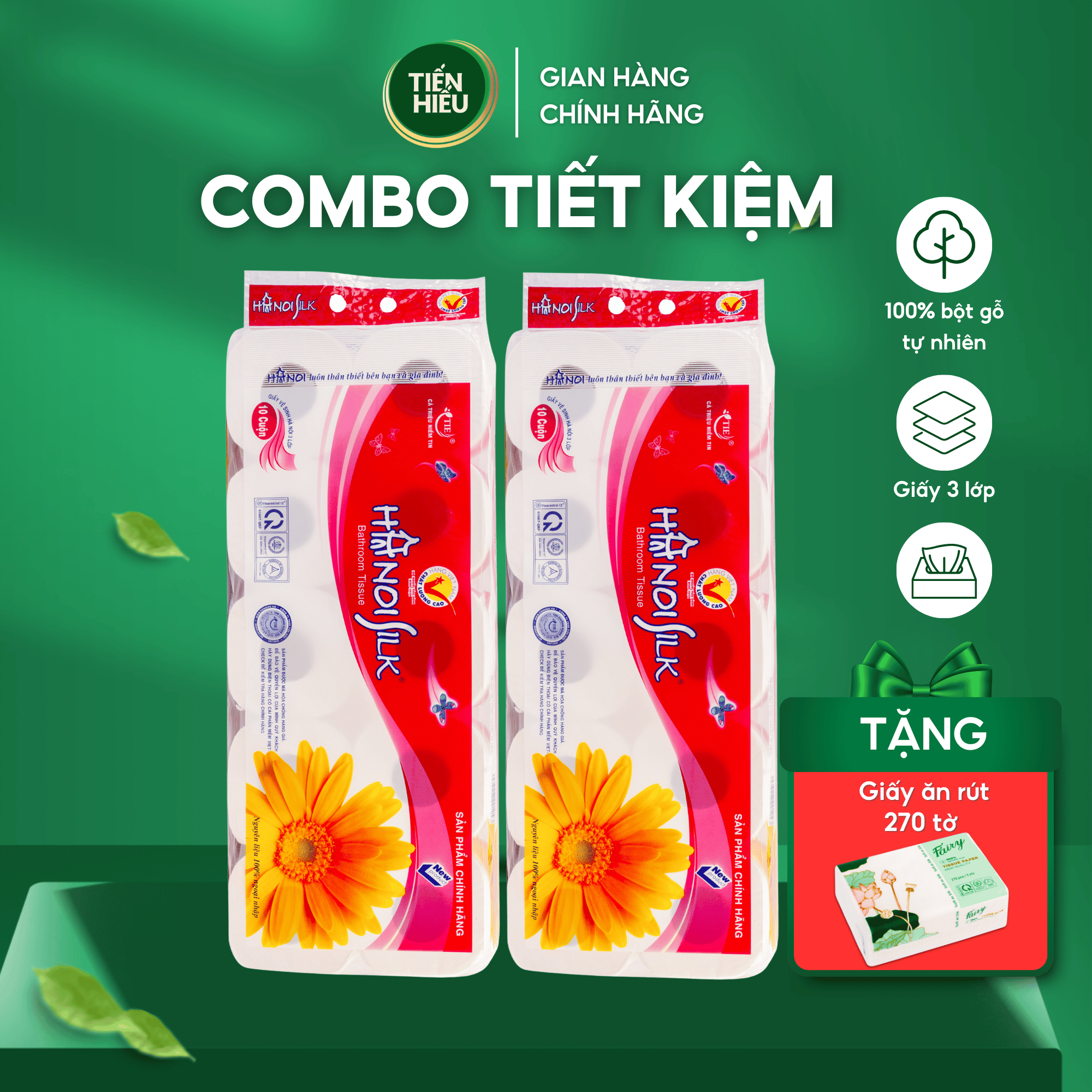 Combo Giấy Vệ Sinh Hà Nội Silk Đỏ 3 Lớp Có Lõi Bột Giấy Mềm Mịn An Toàn Tiết Kiệm. Tặng Kèm Bịch Giấy Rút FAIRY SEN 270 Tờ