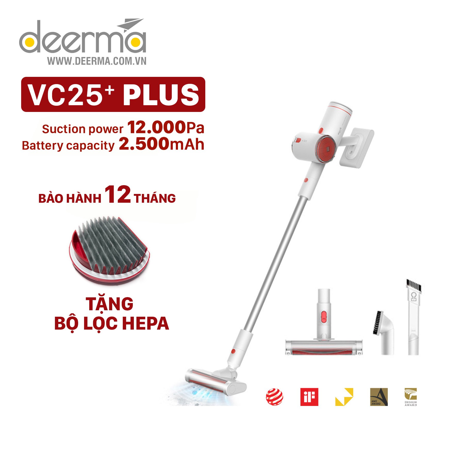 Máy hút bụi không dây cao cấp deerma dem-vc25 plus - lực hút 12.000 pa