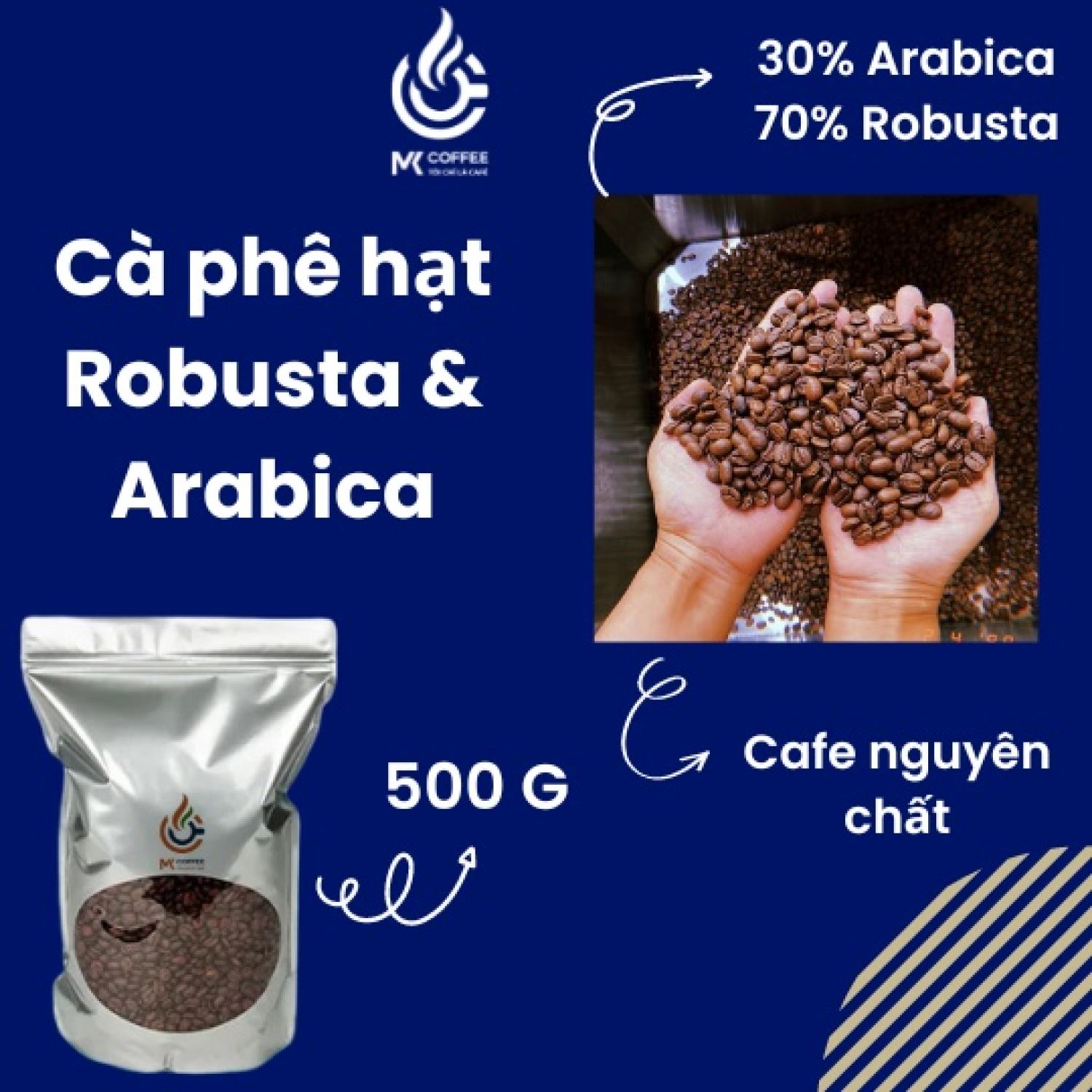 Cà phê hạt 30% arabica 70% robusta nguyên chất rang mộc mk coffee - bịch 500g