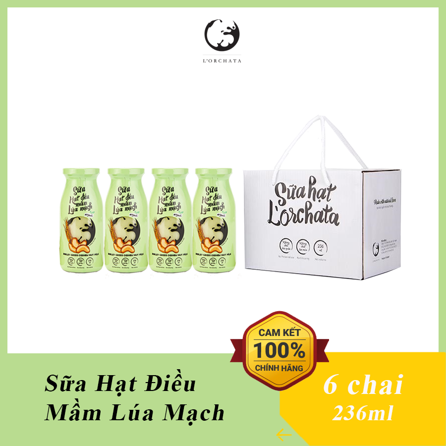 Hộp 6 chai sữa hạt l'orchata vị hạt điều mầm lúa mạch, ít đường, không chất bảo quản, tốt cho tim mạch, tăng đề kháng