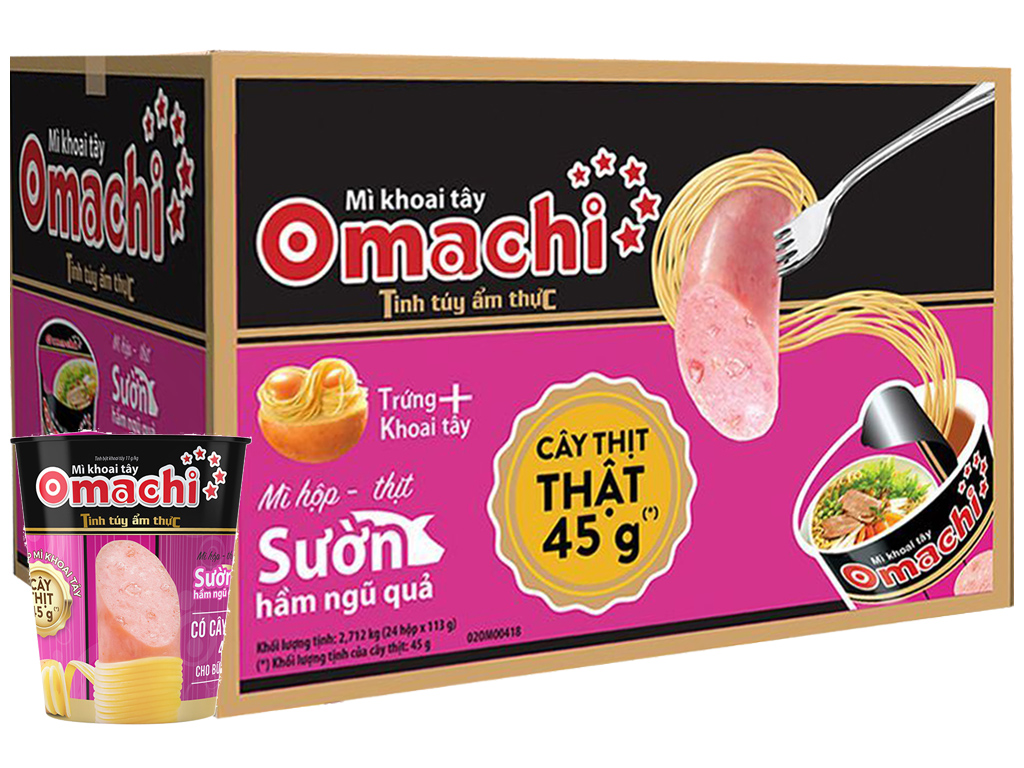 Thùng 24 ly mì khoai tây Omachi sườn hầm ngũ quả 68g