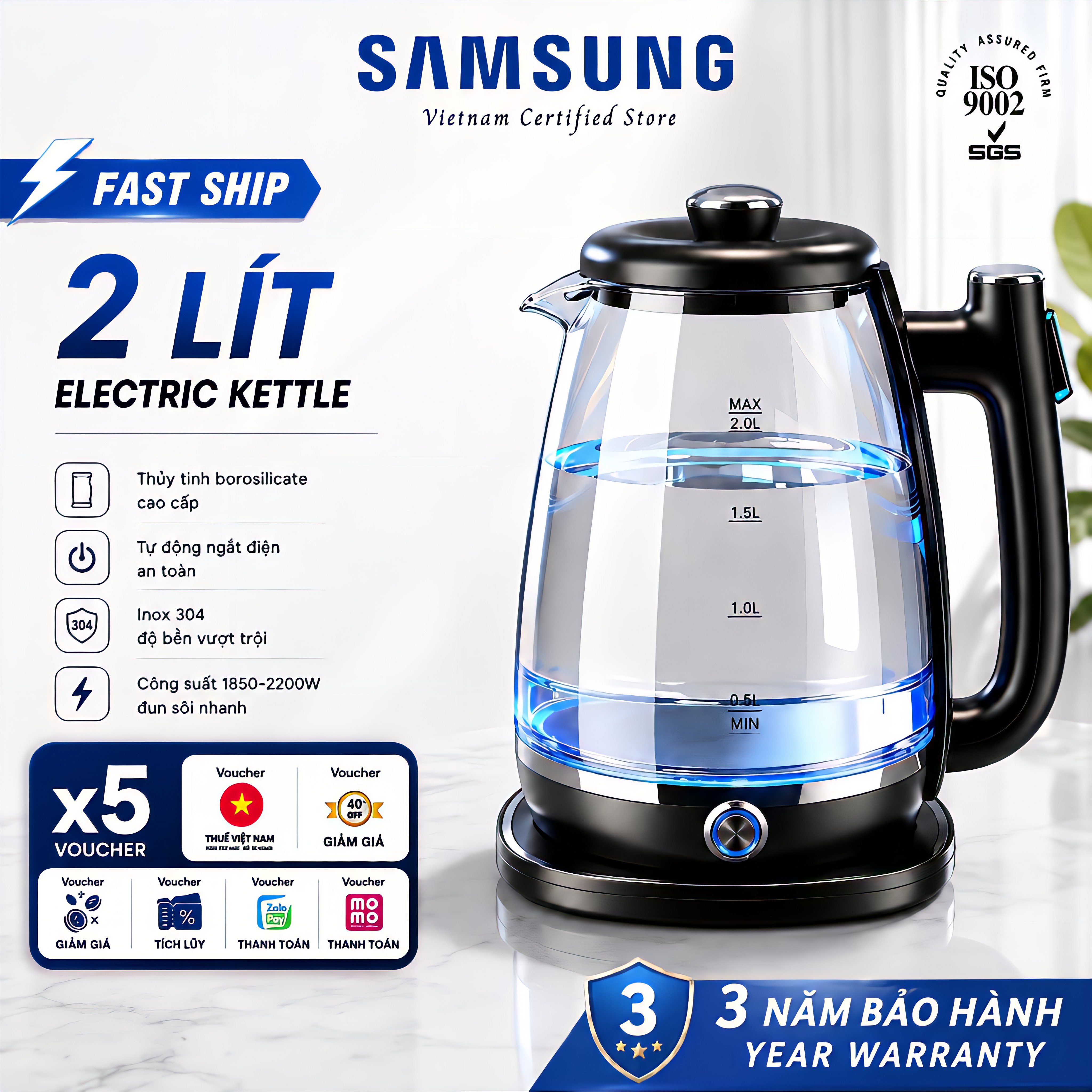 【Bảo hành 3 năm】ấm đun siêu tốc 2 Lít / 2.2 Lít ấm siêu tốc Tiệt trùng bằng ánh sáng xanh/ấm đun nước có thể nhìn thấy Đáy bằng thép không gỉ, chống oxy hóa