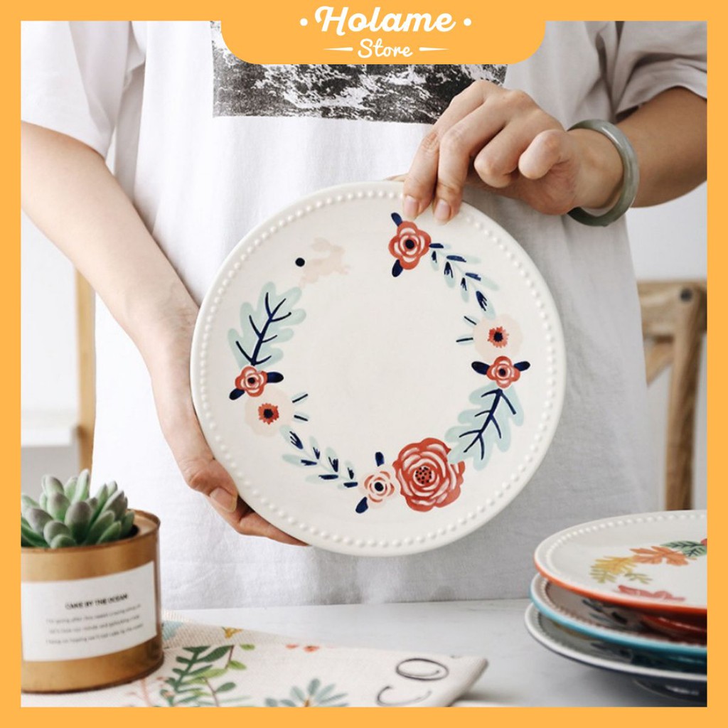 Đĩa sứ, đĩa sứ tròn họa tiết hoa lá siêu xinh dùng cho bàn ăn và decor