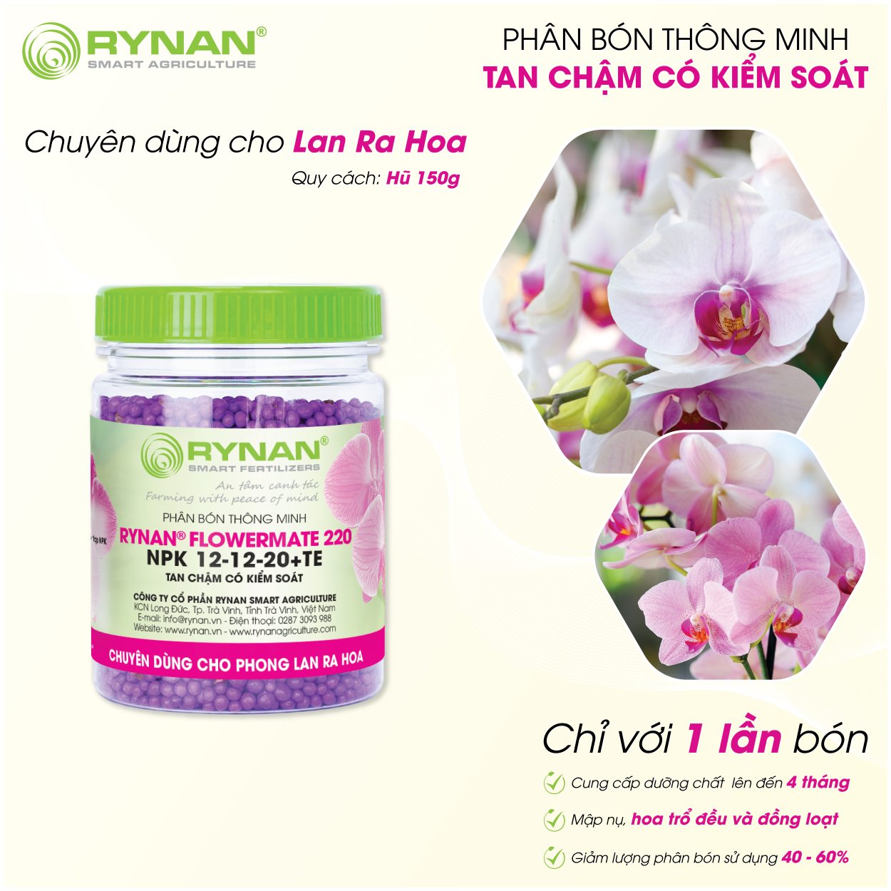 Phân bón tan chậm cho lan rynan® flowermate 220 npk 12-12-20+te - sử dụng giai đoạn lan ra hoa