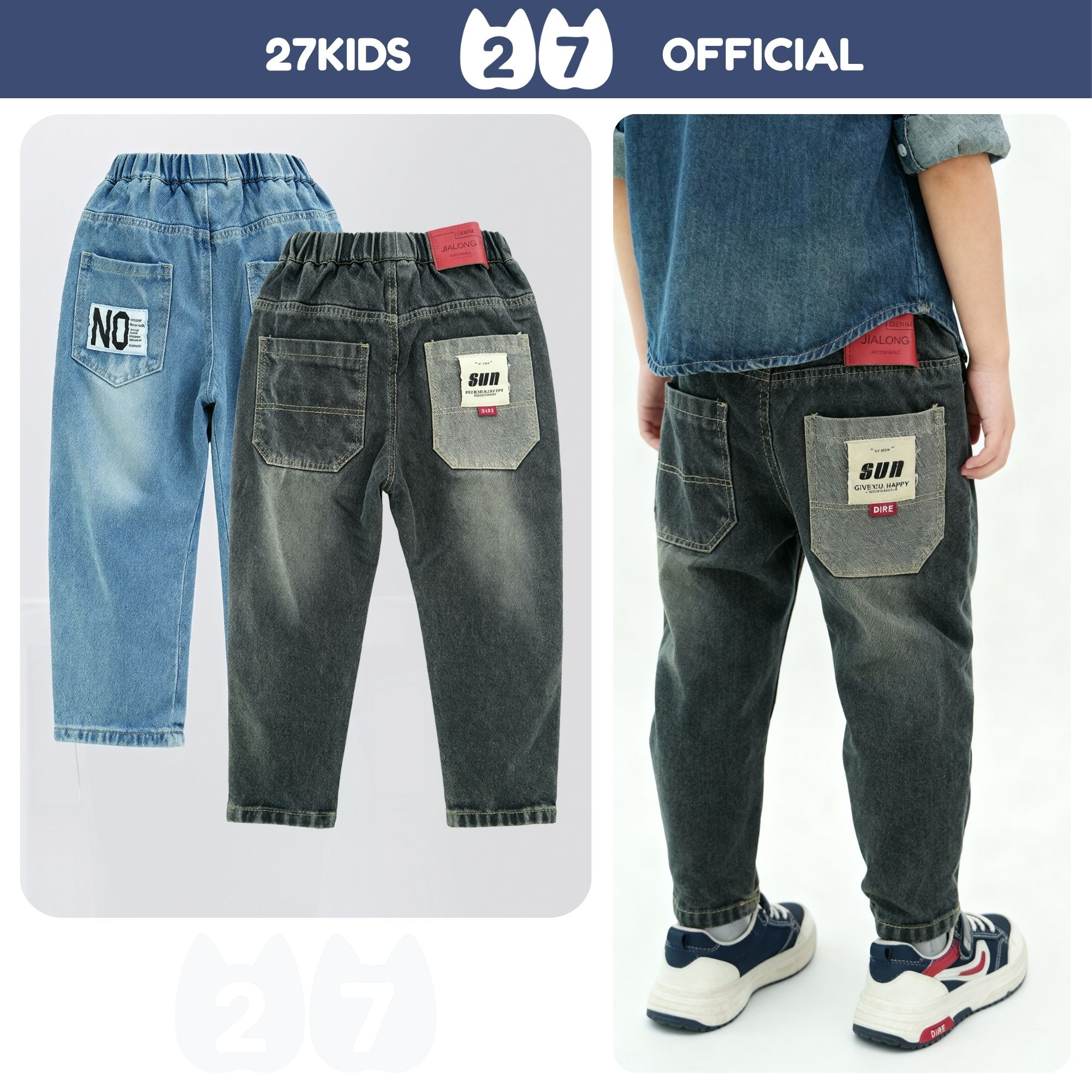 Quần jean dài bé trai 27Kids KACADY quần bò mềm lưng chun nam cho trẻ từ 4-12 tuổi BLJE4