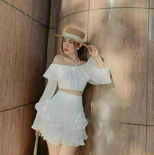 Sét chân váy nữ áo cổ bèo, tay dài nhún bèo kèm chân váy dập ly 2 tầng dịu dàng nữ tính DÁNG XINH Fashion