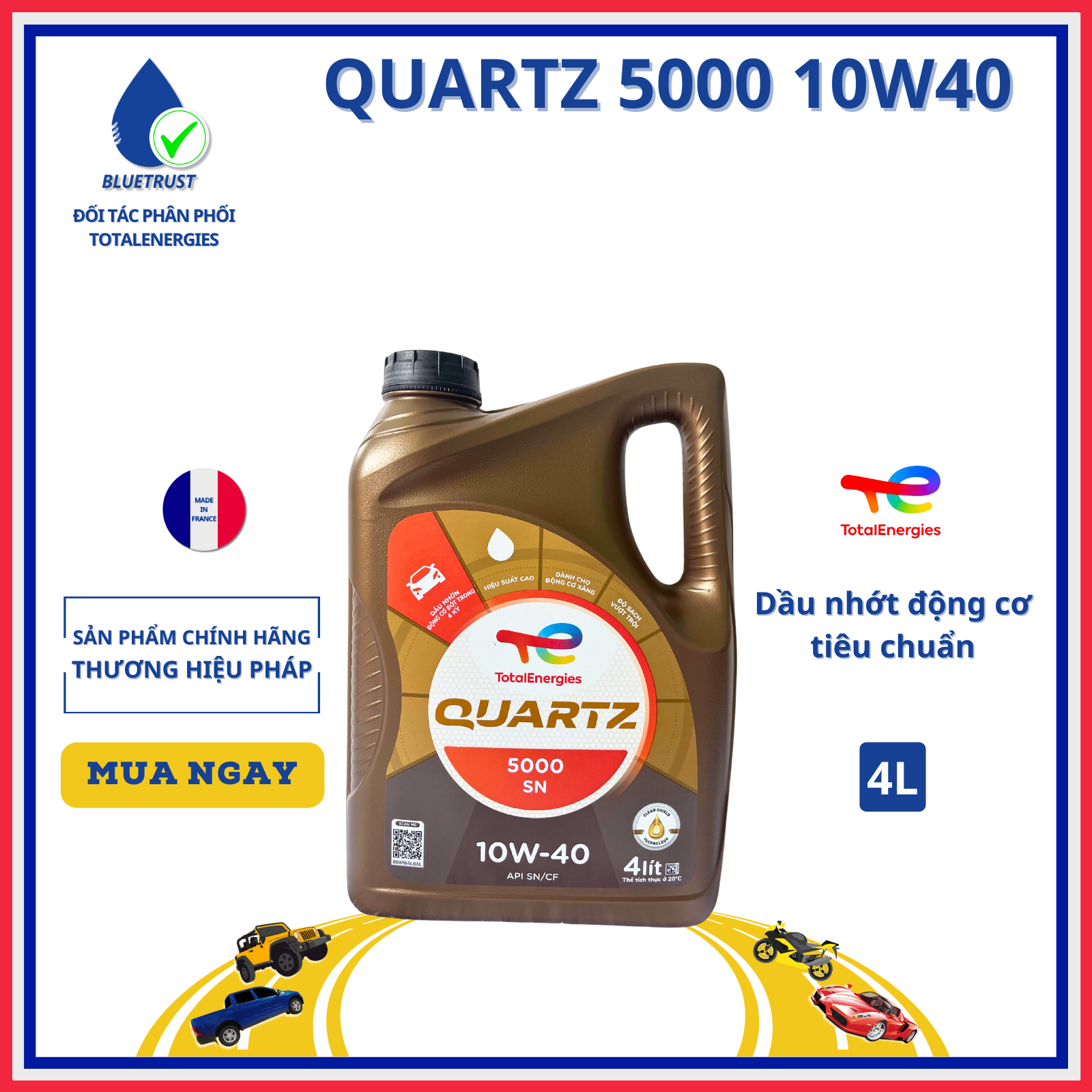 Dầu nhớt động cơ ô tô total quartz 5000 10w40, api sn/cf - 4 lít