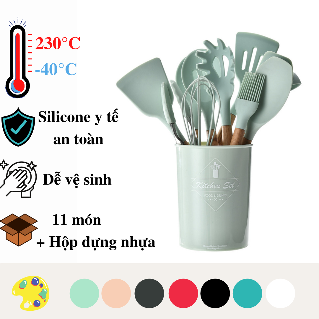 Bộ dụng cụ nấu ăn làm bánh cao cấp dùng trong nhà bếp bằng silicon cán gỗ chịu nhiệt nhiều màu