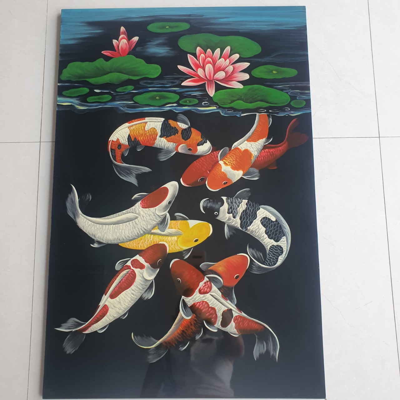 Tranh sơn mài Cửu Ngư Quần Hội 80x90 cm hàng xuất khẩu trang trí nhà cửa, quà tặng ý nghĩa cho người thân, đối tác