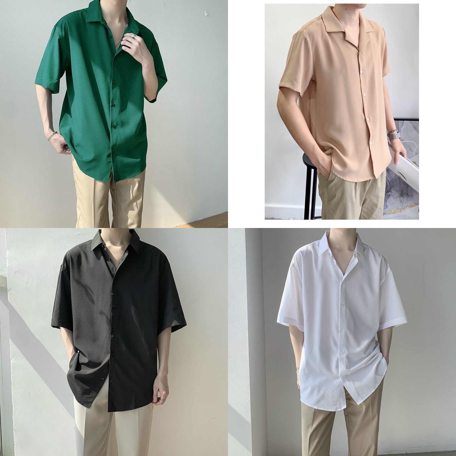 [Hoàn Tiền 15%] Áo Sơ Mi Tay Ngắn Lụa Trơn Unisex Vải Mềm Mịn