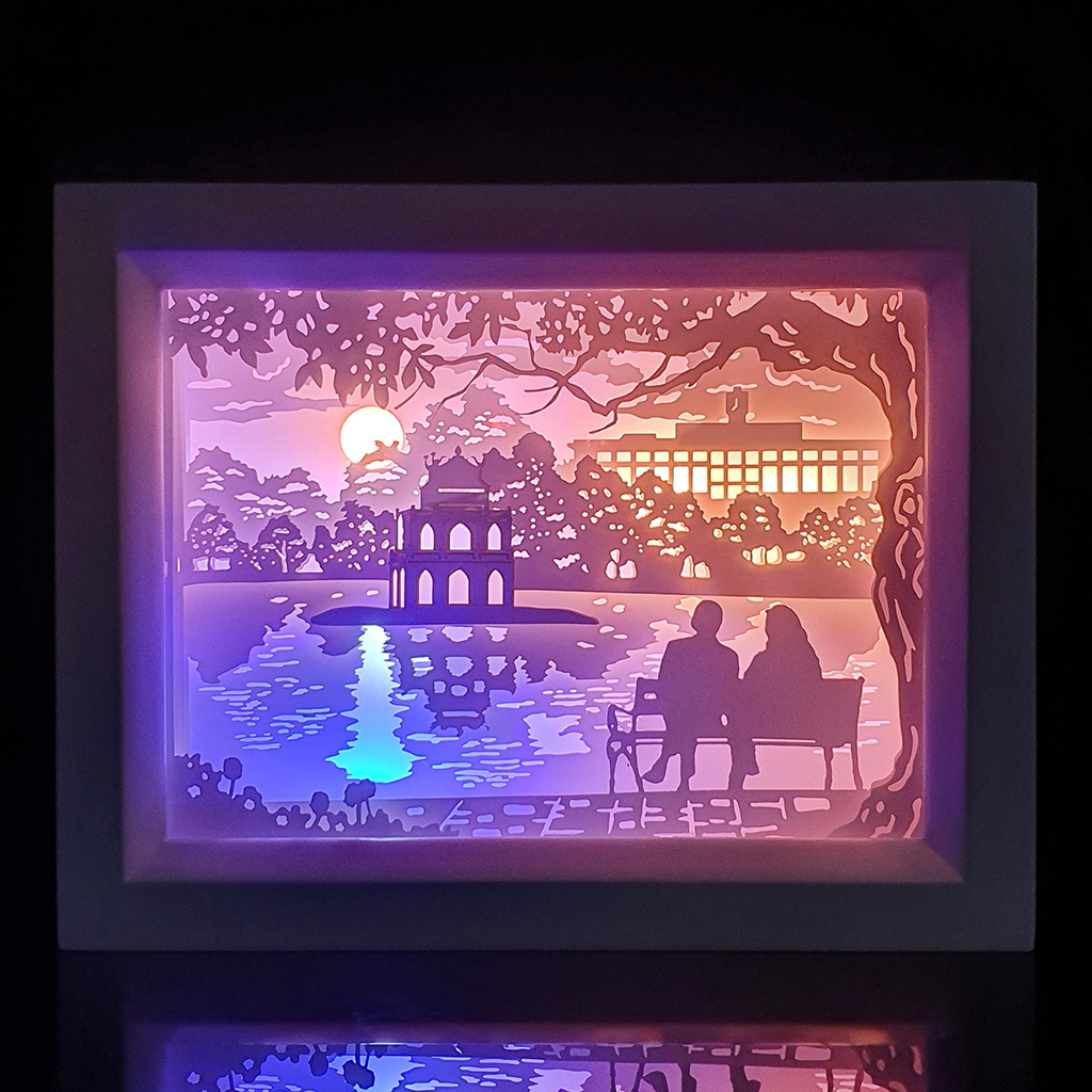 Lightbox kirigami Đèn ngủ 3D, đèn hộp giấy Hồ Gươm, tranh giấy Led 3D hồ Hoàn Kiếm, sản xuất thủ công, handmade