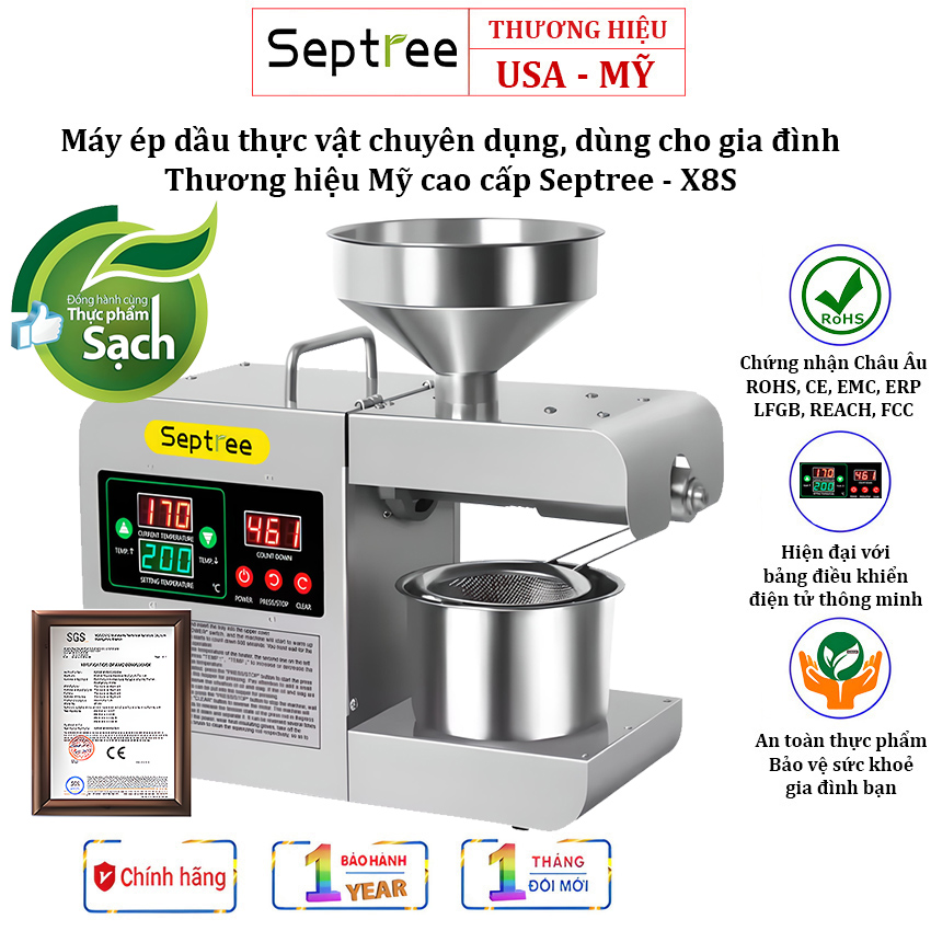 Máy ép dầu thực vật thương hiệu mỹ cao cấp septree - x8s, hiệu quả ép kiệt lên đến 99%- bảo hành 12 tháng