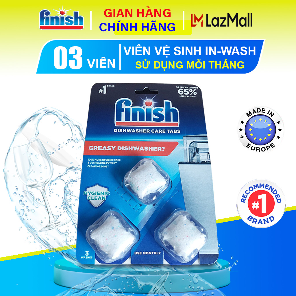 Vỉ 3 viên vệ sinh máy rửa chén bát Finish. Vệ sinh máy rửa bát ngay trong chu trình rửa chính ngăn chặn tích tụ dầu mỡ, cặn bẩn và mùi hôi LazMall